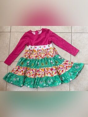 Ricrac & Ruffles Girls' Pink Long-Sleeve Tiered Floral & Geometric Dress